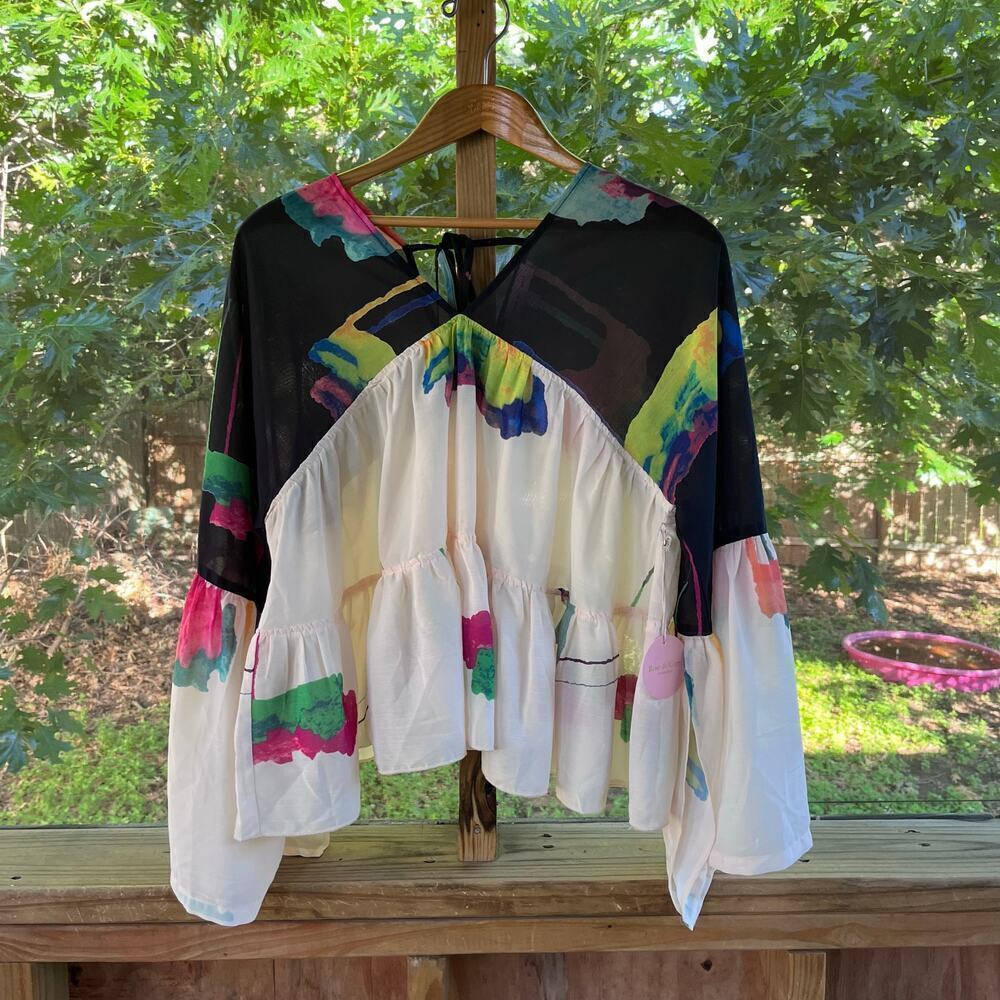 Rose And Gray Women's Colorful Wide Cut Pleated Long Sleeve Top Size L. NEW